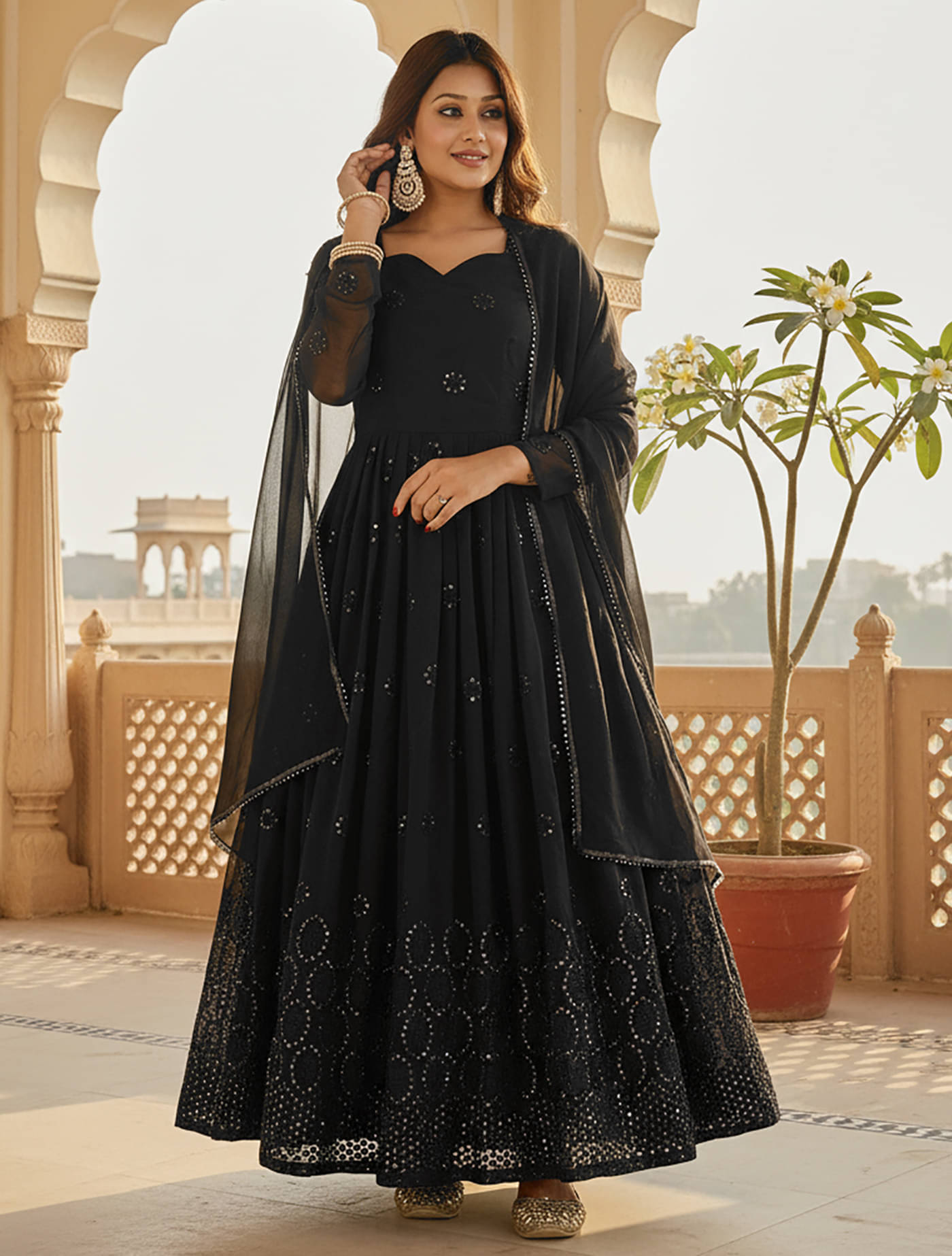 kedar fab Women Georgette Anarkali Stitched Ethnic Gown With Dupatta ( Black )     			kedar fab Women Georgette Anarkali Stitched Ethnic Gown With Dupatta ( Black )