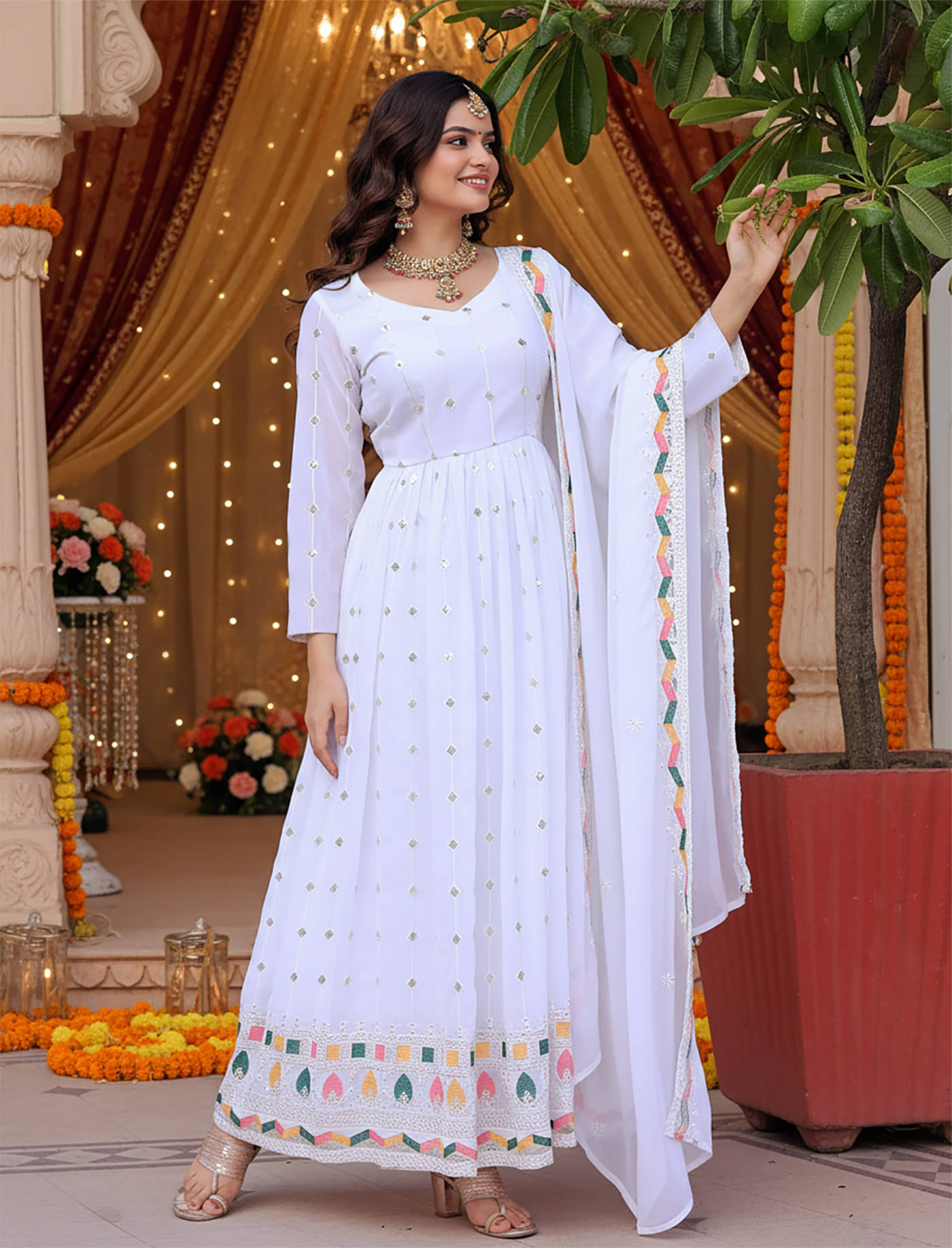     			kedar fab Women Georgette Anarkali Stitched Ethnic Gown With Dupatta ( White )