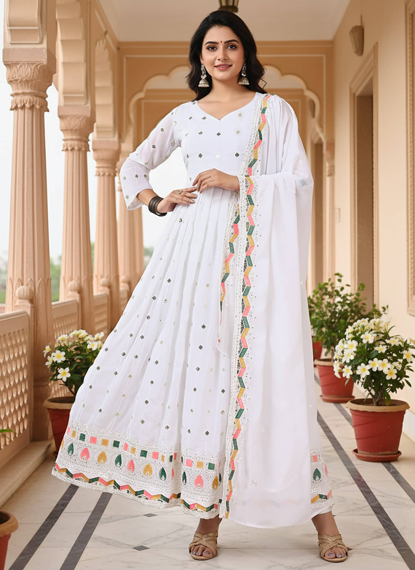 kedar fab Women Georgette Anarkali Stitched Ethnic Gown With Dupatta ( White ) - Unstitched Fabrics | Buy online on ZillyBuy