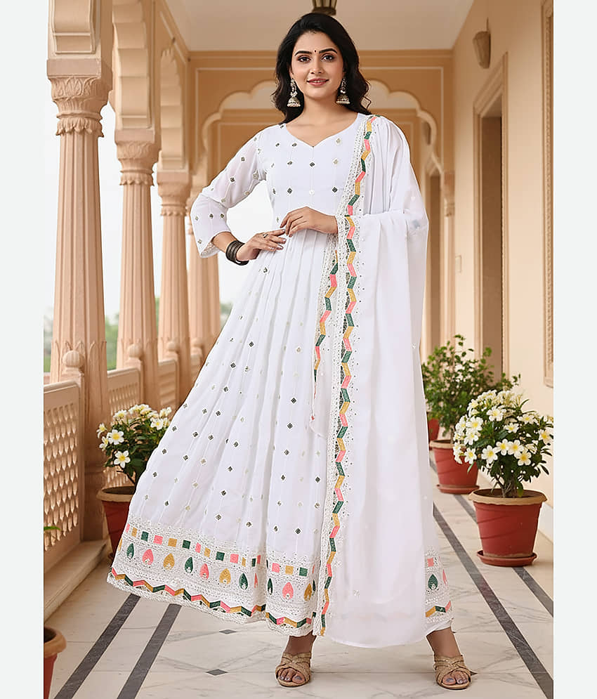 kedar fab Women Georgette Anarkali Stitched Ethnic Gown With Dupatta ( White ) - Unstitched Fabrics | Buy online on ZillyBuy