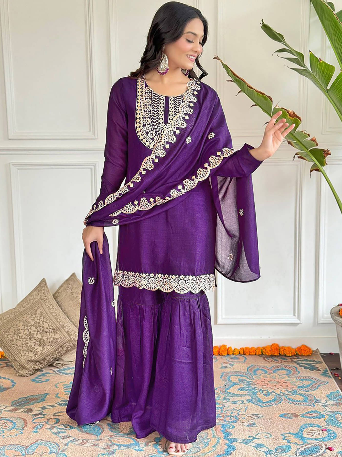     			kedar fab Women Silk Blend Embroidered Straight Kurti With Sharara And Gharara ( Purple )