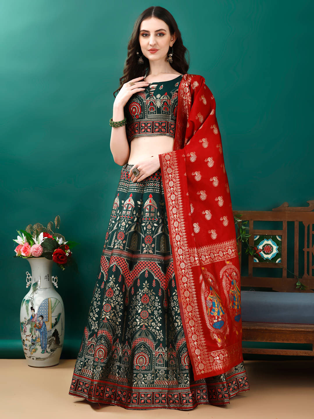 ANAND SAREES Women Banarasi Silk A-line Semi Stitched Lehenga Choli ( Green ) ANAND SAREES Women Banarasi Silk A-line Semi Stitched Lehenga Choli ( Green )