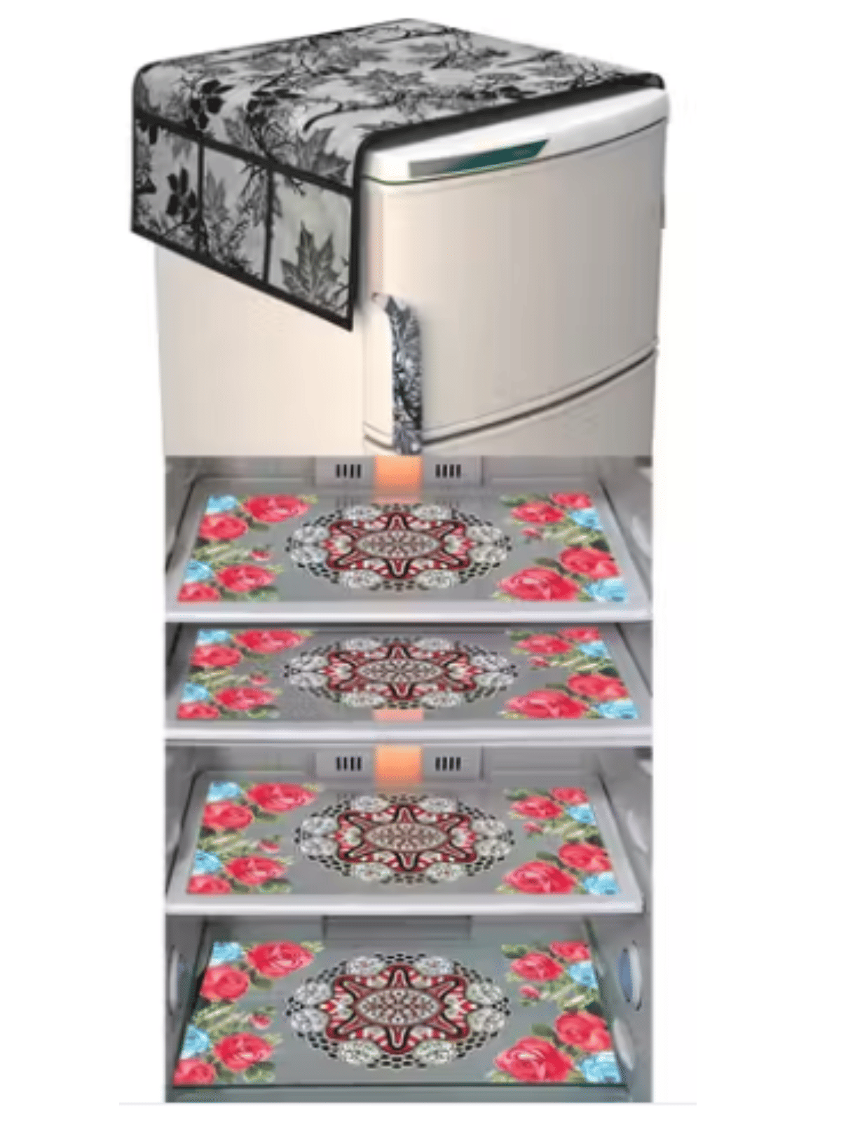 Crosmo Polyester Floral Fridge Mat & Cover ( 45 30 ) Pack of 5 - Black