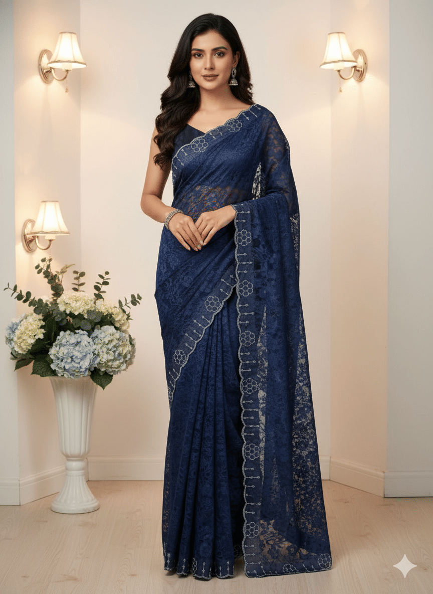     			GENERIC SUDEV Net Embellished Regular Saree With Unstitched Blouse Piece ( Blue )