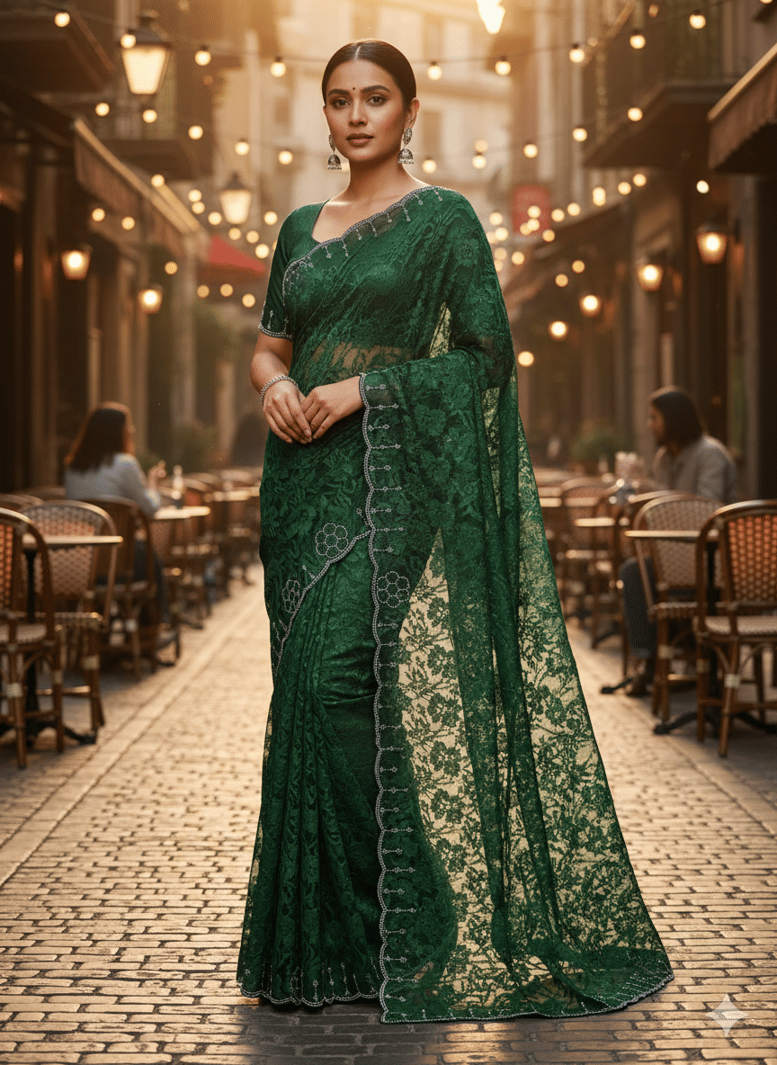     			GENERIC SUDEV Net Embellished Regular Saree With Unstitched Blouse Piece ( Green )