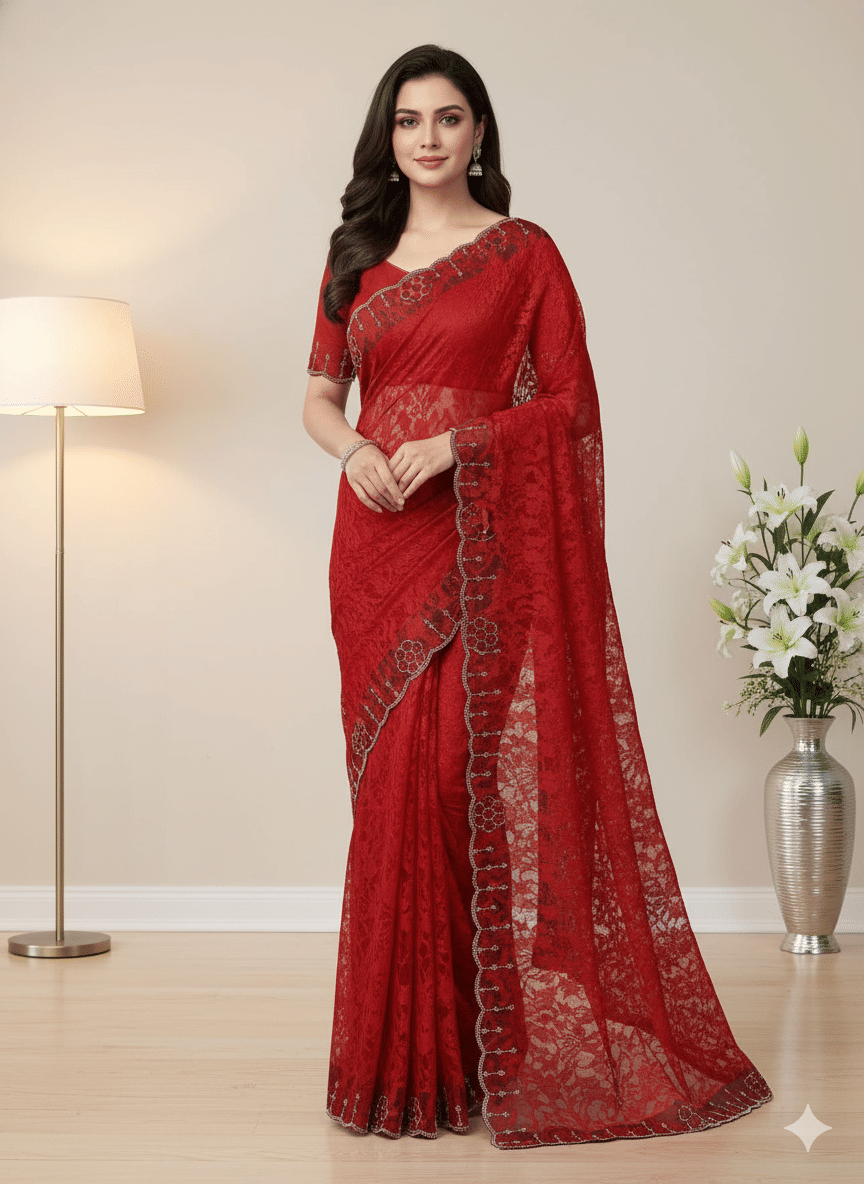 GENERIC SUDEV Net Embellished Regular Saree With Unstitched Blouse Piece ( Red ) GENERIC SUDEV Net Embellished Regular Saree With Unstitched Blouse Piece ( Red )