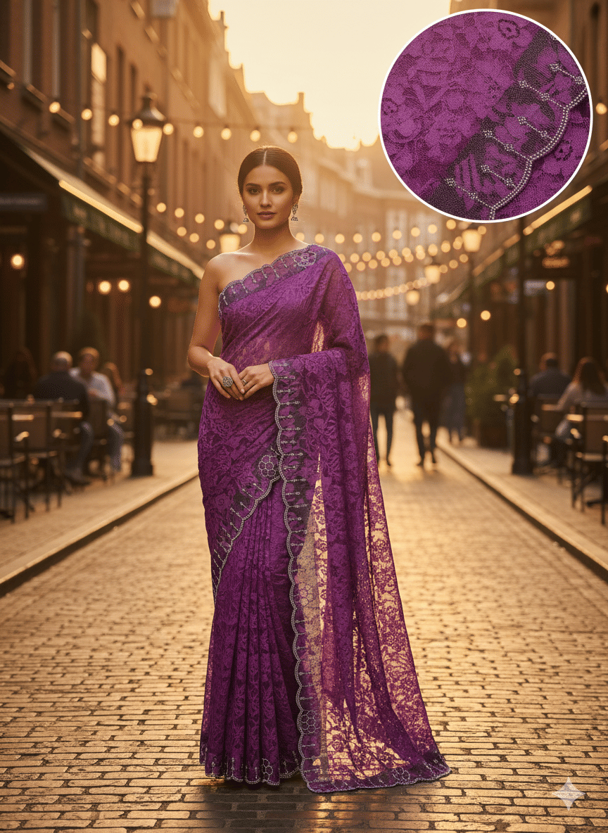     			GENERIC SUDEV Net Embellished Regular Saree With Unstitched Blouse Piece ( Purple )