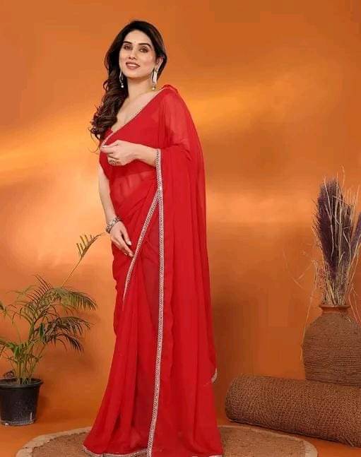     			Jimmy Creation Georgette Self Design Regular Saree With Unstitched Blouse Piece ( Red )