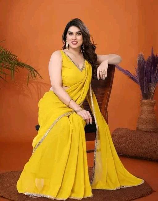     			Jimmy Creation Georgette Self Design Regular Saree With Unstitched Blouse Piece ( Yellow )