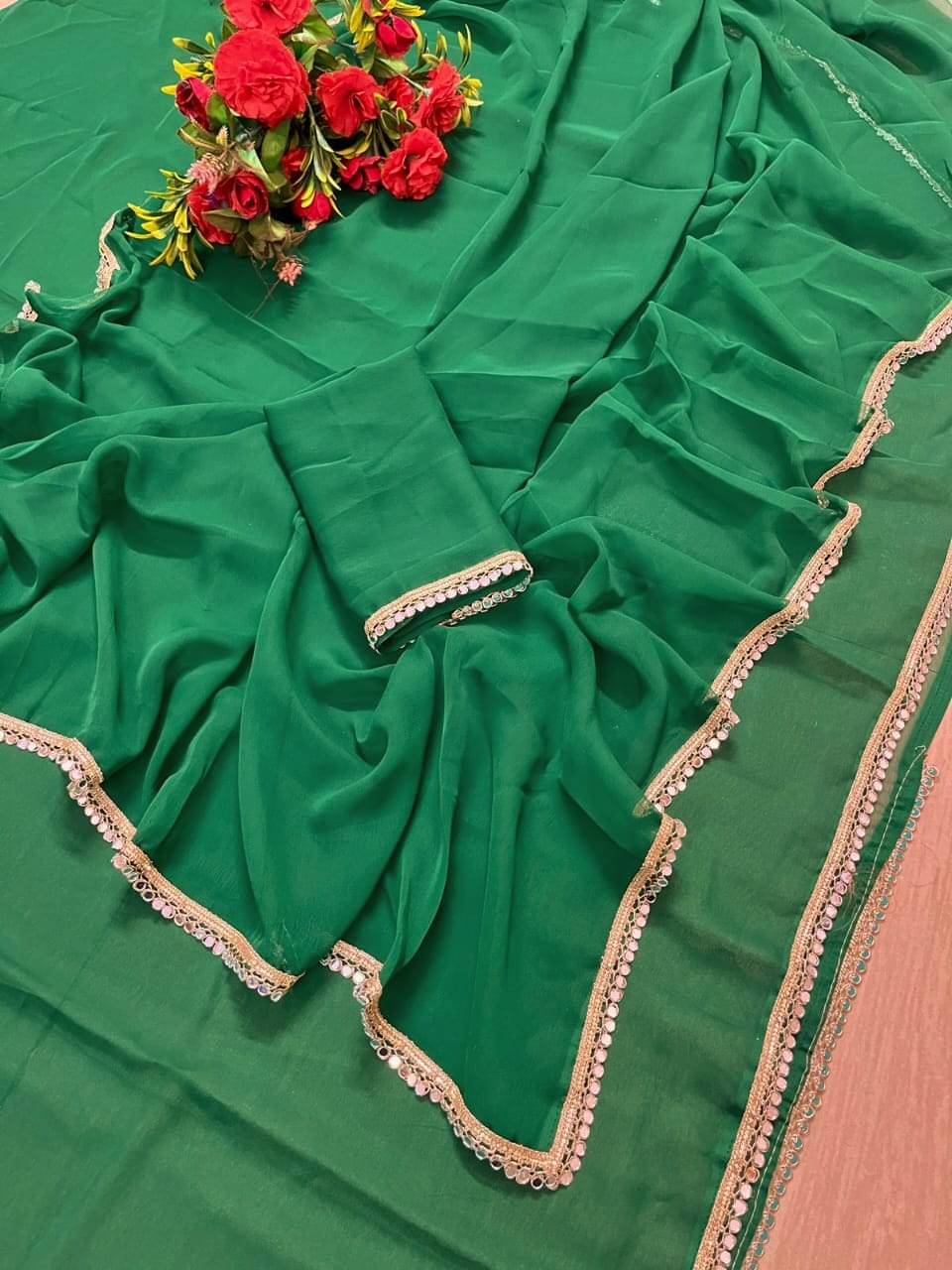 Jimmy Creation Georgette Solid Regular Saree With Unstitched Blouse Piece ( Green ) Jimmy Creation Georgette Solid Regular Saree With Unstitched Blouse Piece ( Green )