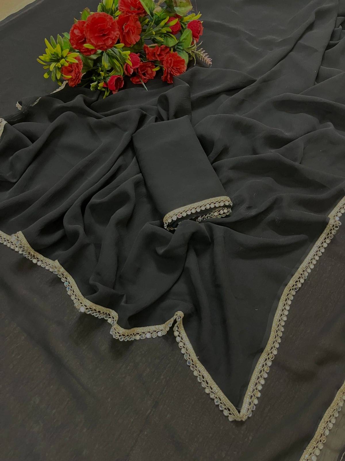     			Jimmy Creation Georgette Solid Regular Saree With Unstitched Blouse Piece ( Black )