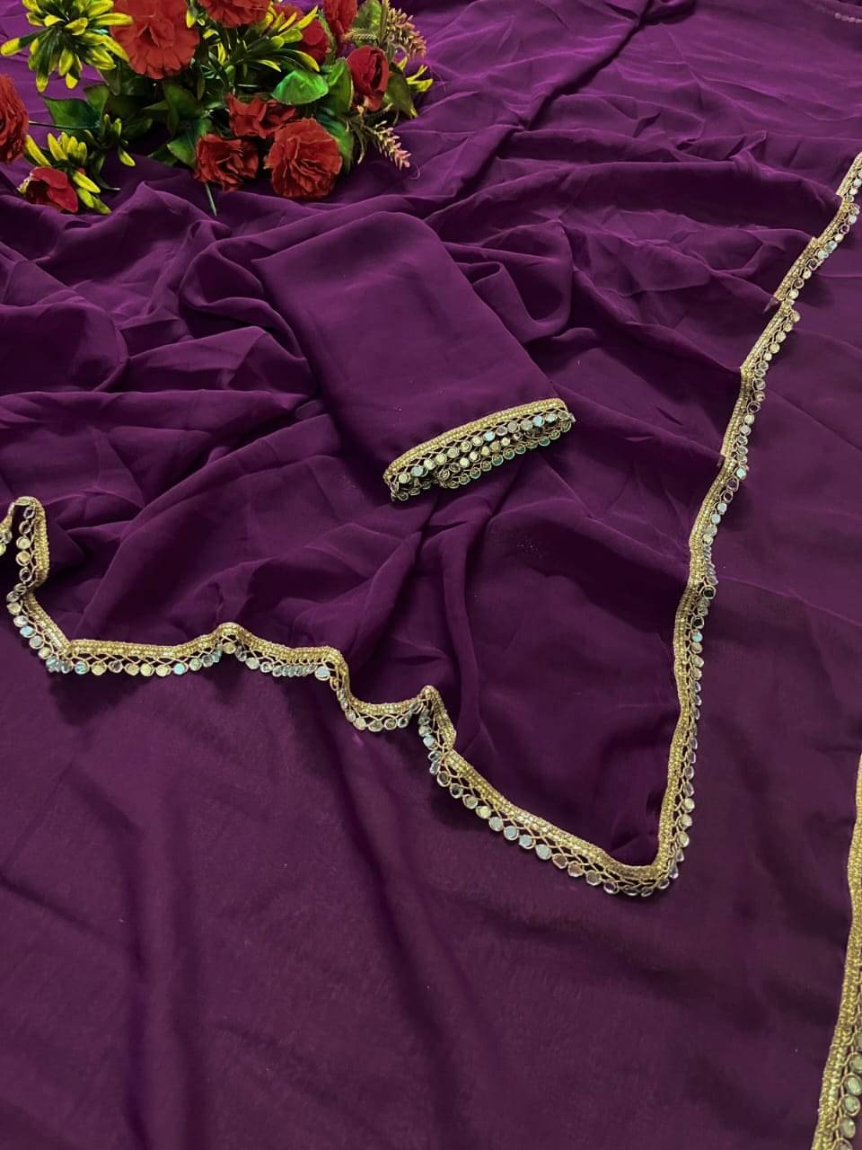 Jimmy Creation Georgette Solid Regular Saree With Unstitched Blouse Piece ( Purple ) Jimmy Creation Georgette Solid Regular Saree With Unstitched Blouse Piece ( Purple )