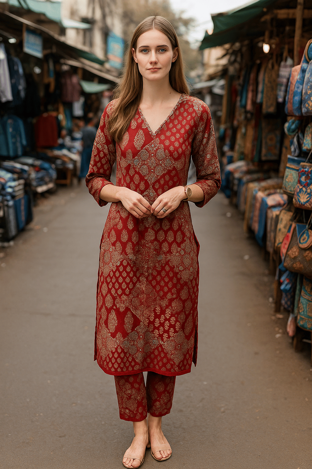     			LookMark Women Cotton Printed Straight Kurti With Pants ( Maroon )