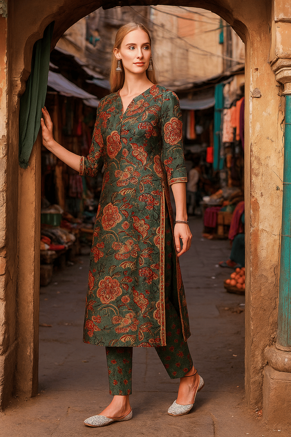 LookMark Women Cotton Printed Straight Kurti With Pants ( Teal ) LookMark Women Cotton Printed Straight Kurti With Pants ( Teal )
