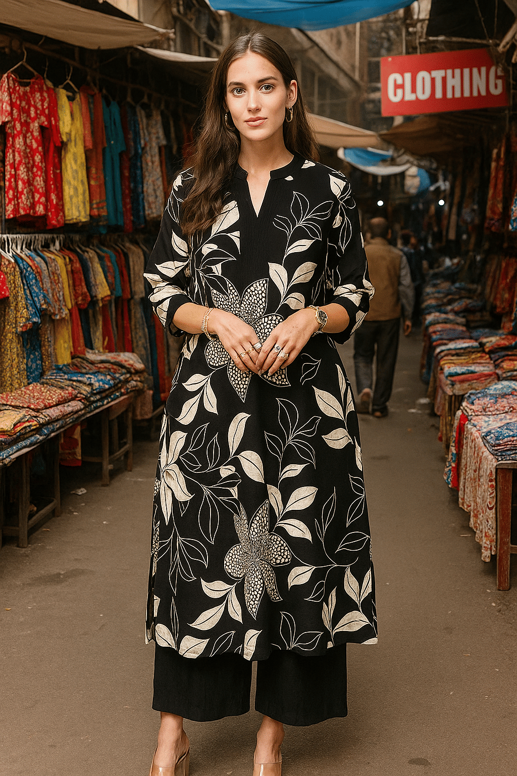 LookMark Women Cotton Printed Straight Kurti With Pants ( Black ) LookMark Women Cotton Printed Straight Kurti With Pants ( Black )