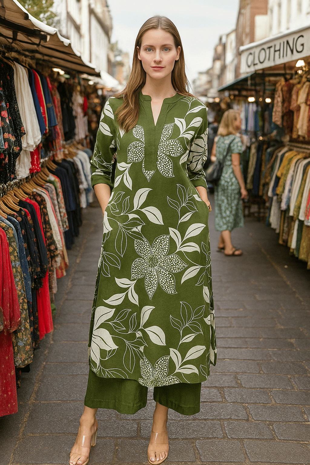 LookMark Women Cotton Printed Straight Kurti With Pants ( Olive ) LookMark Women Cotton Printed Straight Kurti With Pants ( Olive )