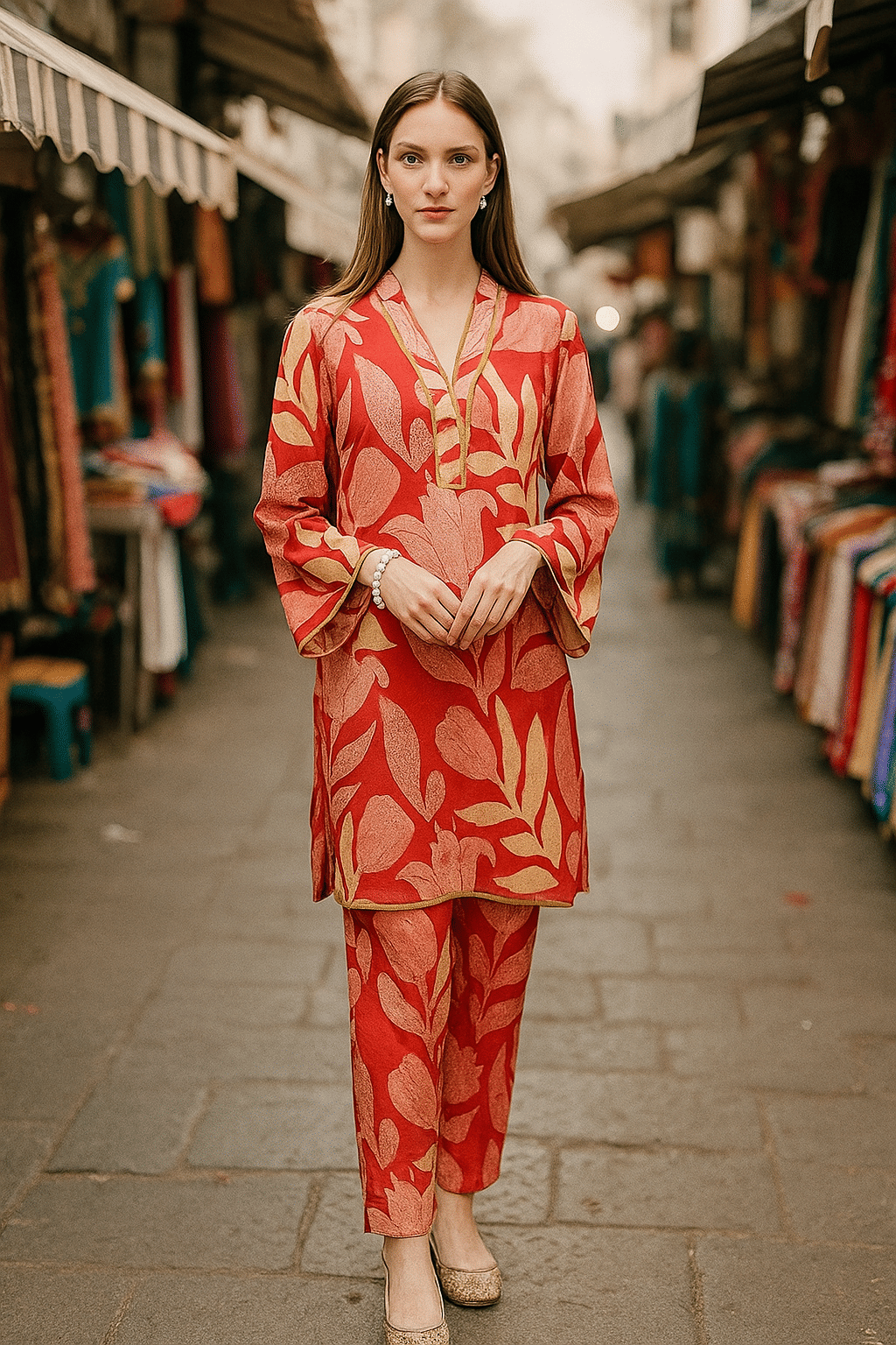 LookMark Women Cotton Printed Straight Kurti With Pants ( Red ) LookMark Women Cotton Printed Straight Kurti With Pants ( Red )