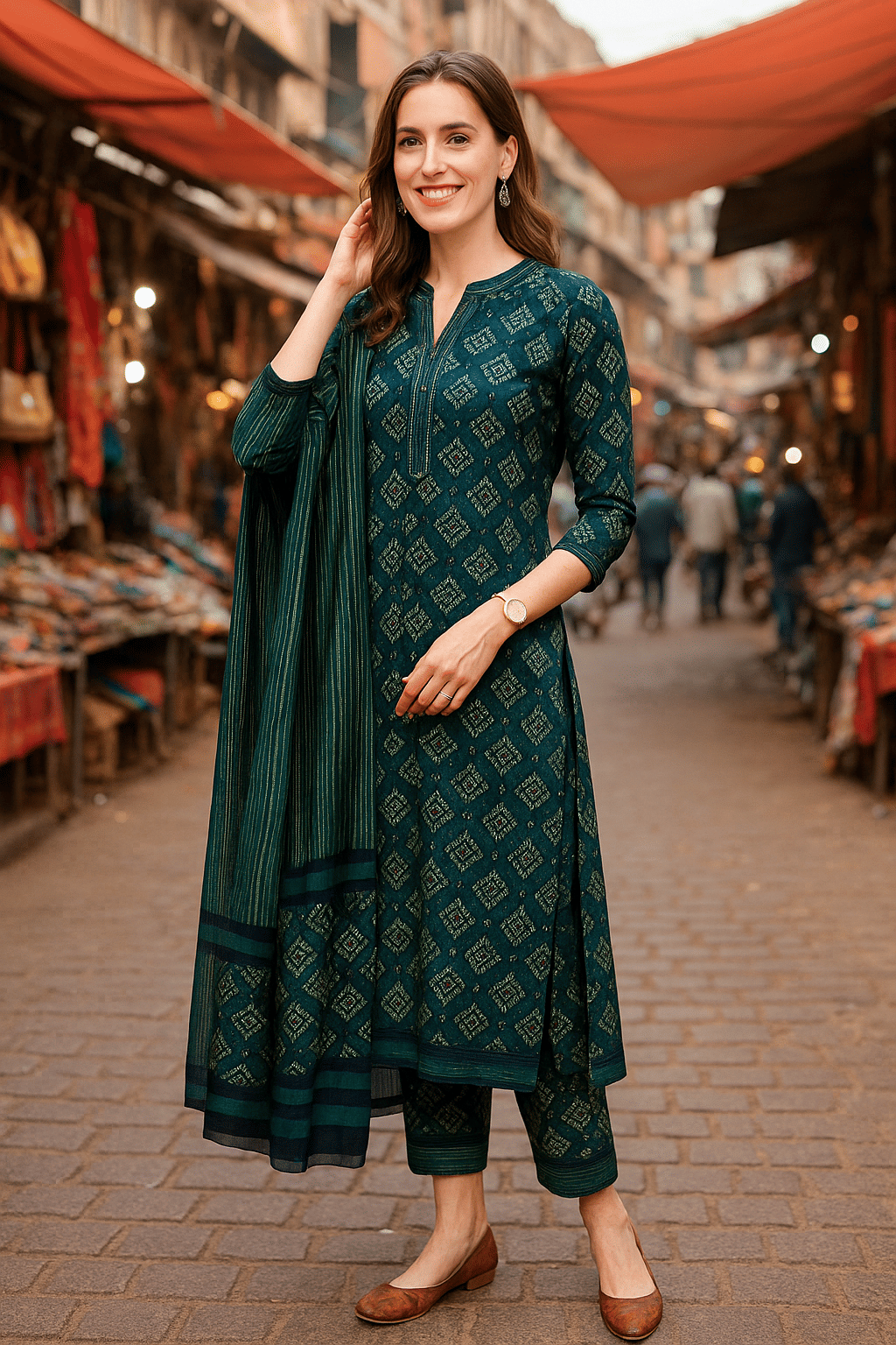     			LookMark Women Cotton Printed Straight Kurti With Pants ( Green )