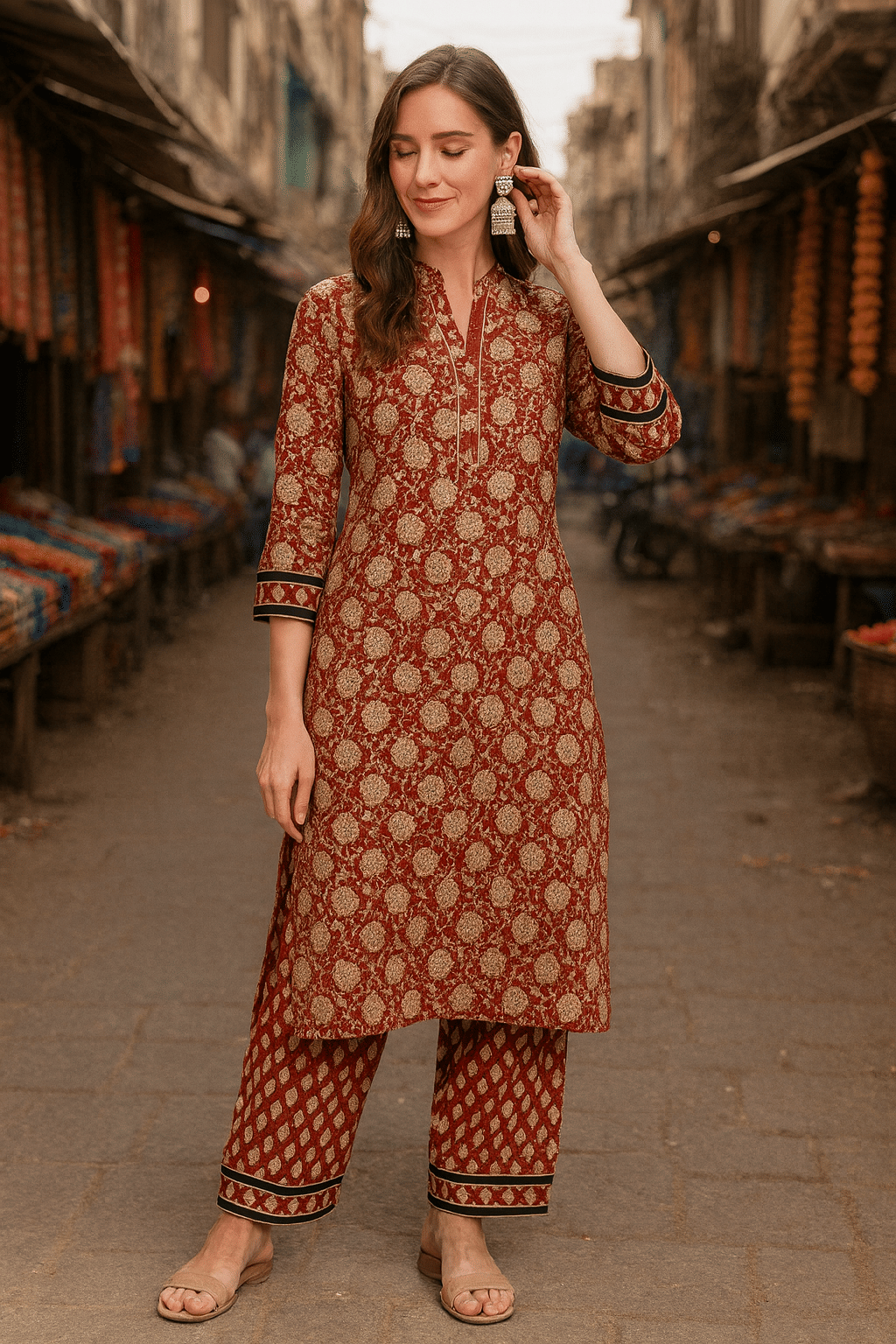 LookMark Women Cotton Printed Straight Kurti With Pants ( Maroon ) LookMark Women Cotton Printed Straight Kurti With Pants ( Maroon )