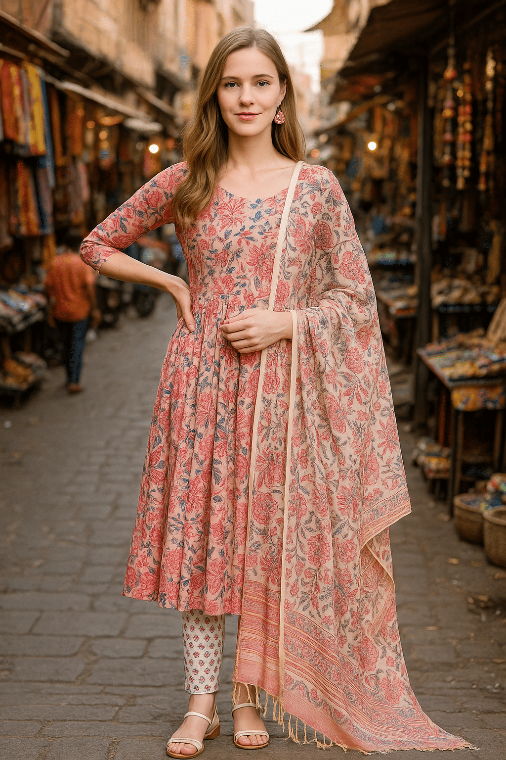 LookMark Women Cotton Printed Straight Kurti With Pants ( Peach ) LookMark Women Cotton Printed Straight Kurti With Pants ( Peach )