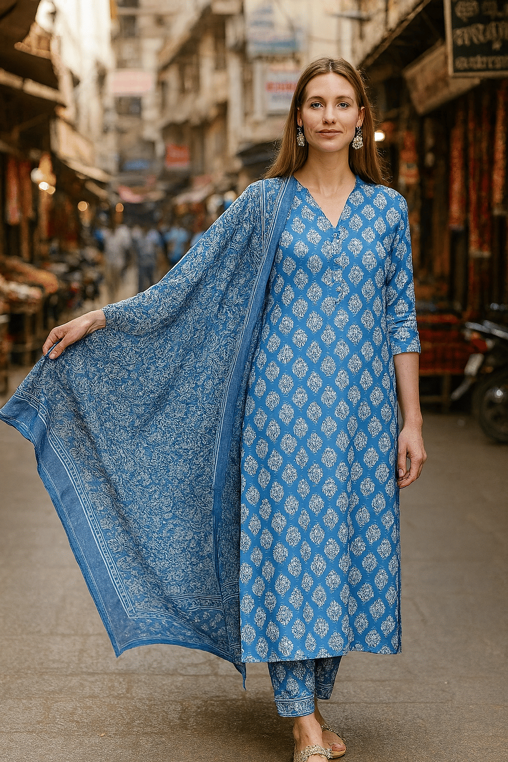     			LookMark Women Cotton Printed Straight Kurti With Pants ( Navy )