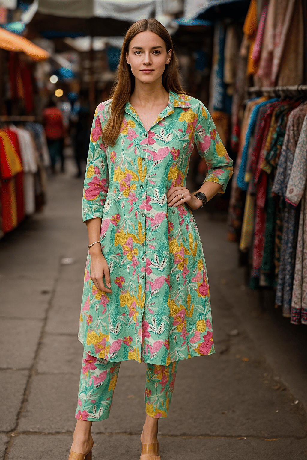 LookMark Women Cotton Printed Straight Kurti With Pants ( Green ) LookMark Women Cotton Printed Straight Kurti With Pants ( Green )