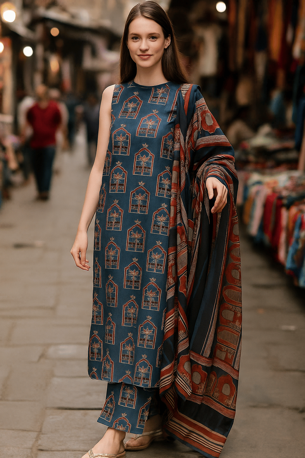 LookMark Women Cotton Printed Straight Kurti With Pants ( Teal ) LookMark Women Cotton Printed Straight Kurti With Pants ( Teal )