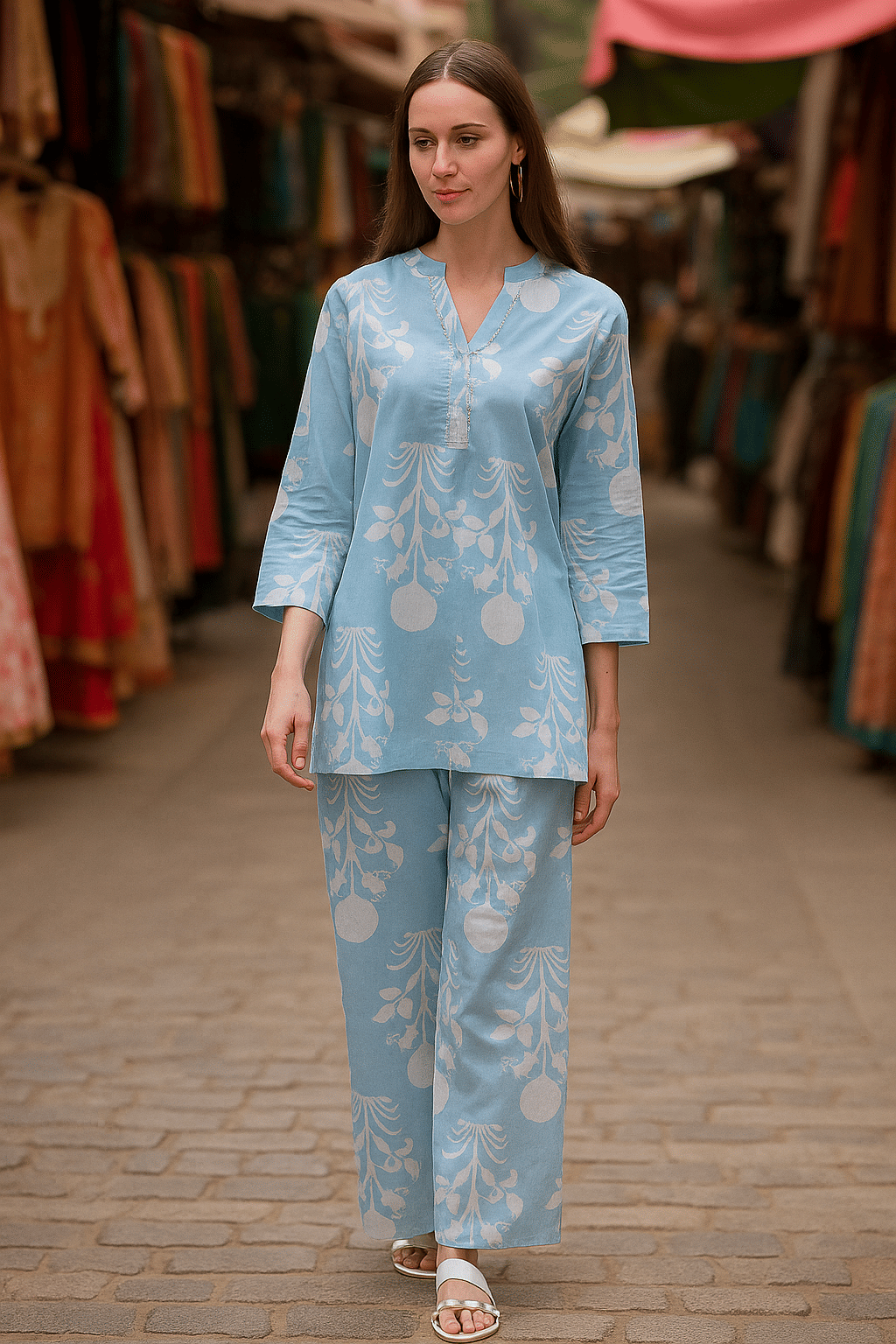 LookMark Women Cotton Printed Straight Kurti With Pants ( Blue ) LookMark Women Cotton Printed Straight Kurti With Pants ( Blue )