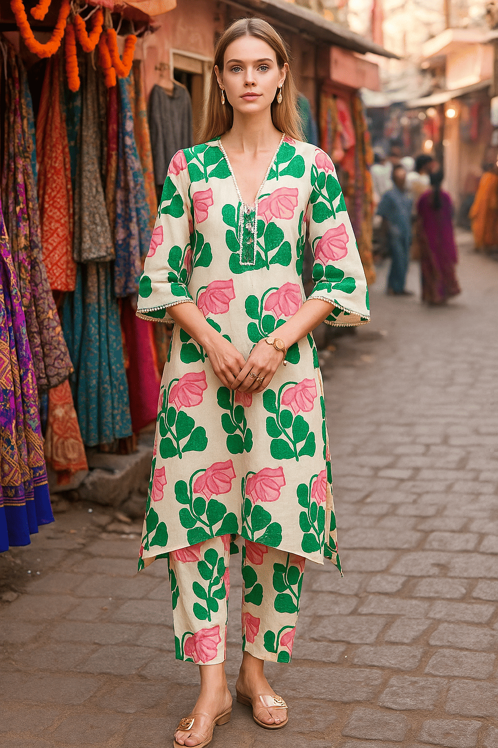 LookMark Women Cotton Printed Straight Kurti With Pants ( White ) LookMark Women Cotton Printed Straight Kurti With Pants ( White )