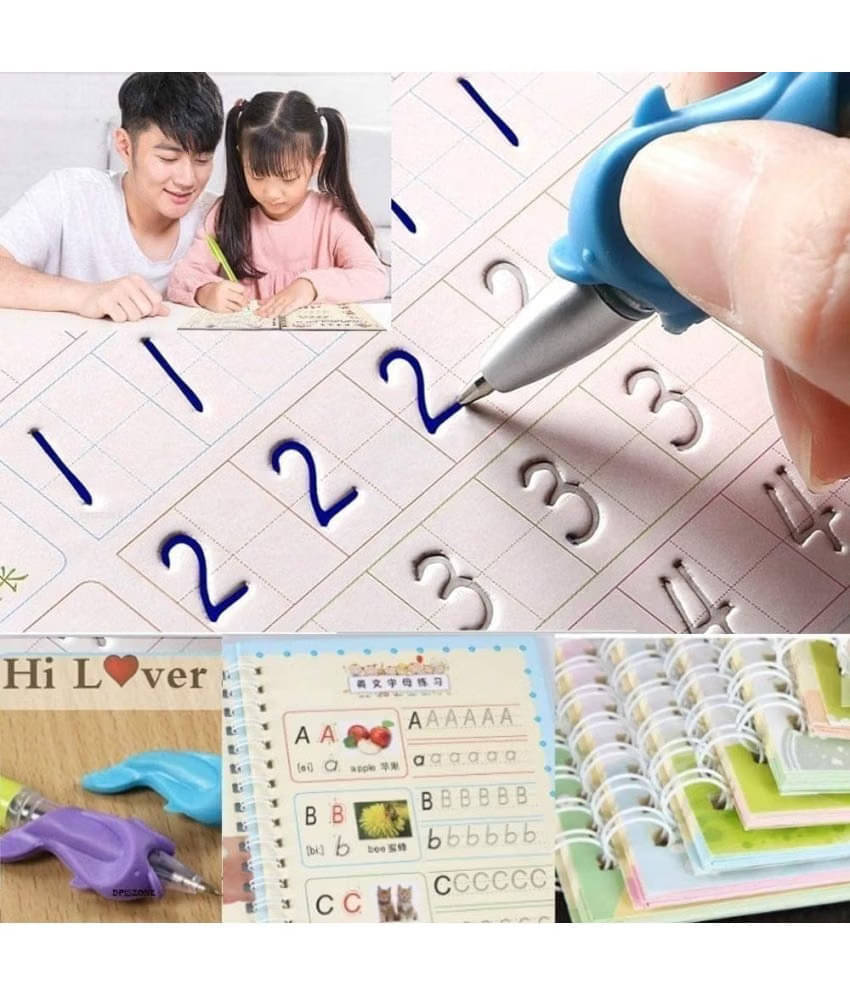     			Magic Practice Copybook, (4 BOOK + 10 REFILL+ 1 Pen +1 Grip) Number Tracing Book for Preschoolers with Pen, Magic Calligraphy Copybook Set Practical Reusable Writing Tool Simple Hand Lettering