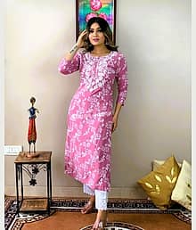 TAILORFAB Women Viscose Rayon Printed A-line Kurti ( Pink )