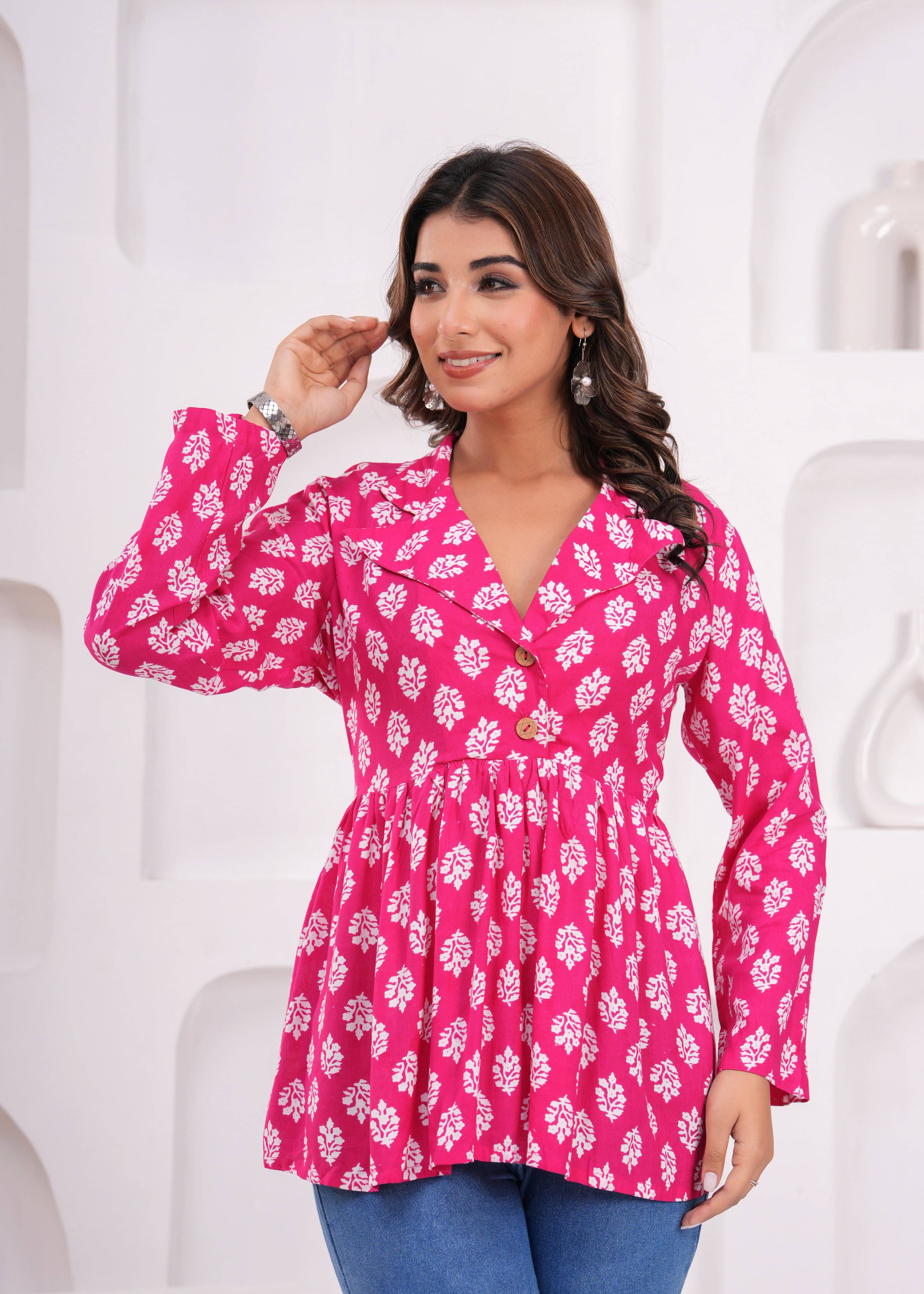     			TAILORFAB Women Viscose Rayon Printed Shirt Style Kurti ( Pink )