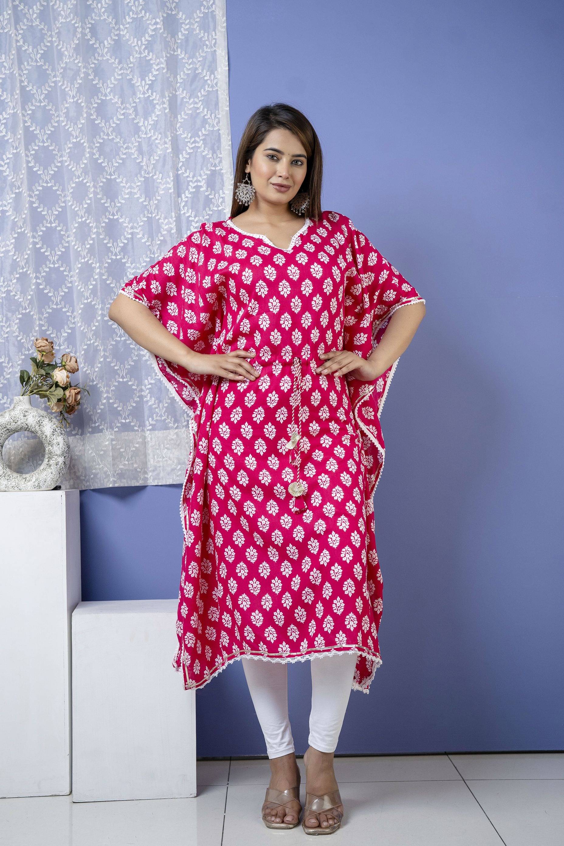 TAILORFAB Women Viscose Rayon Printed Kaftan Kurti ( Pink ) TAILORFAB Women Viscose Rayon Printed Kaftan Kurti ( Pink )