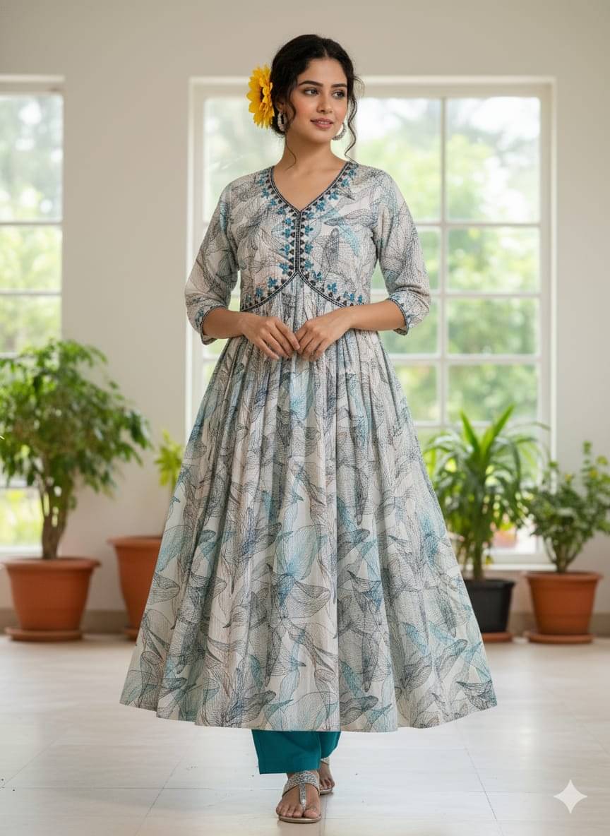     			THE PRIVATE LABLE Women Cotton Embroidered Straight Kurti With Pants ( Blue )