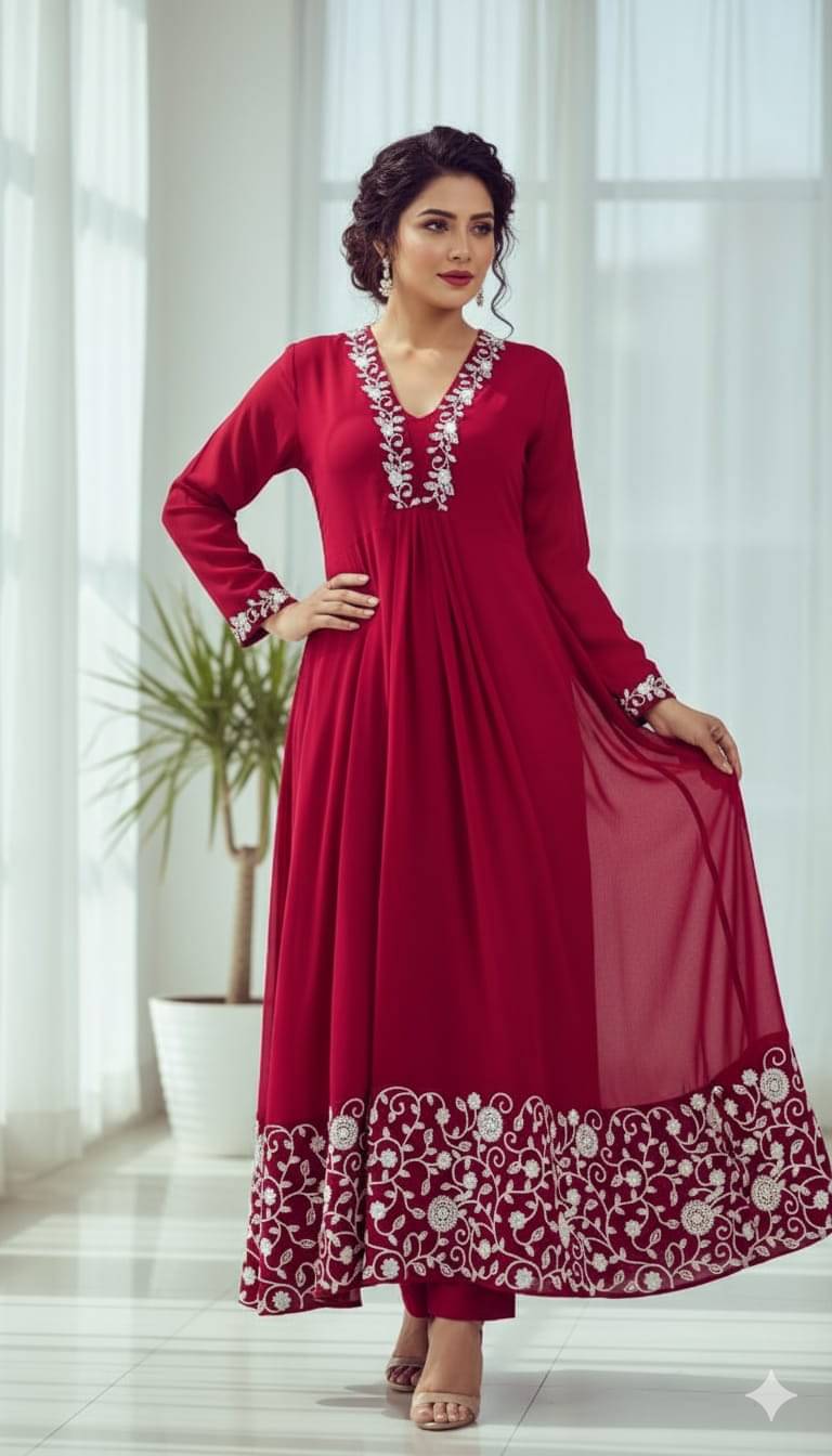 THE PRIVATE LABLE Women Georgette Embroidered Anarkali Kurti With Pants ( Red ) THE PRIVATE LABLE Women Georgette Embroidered Anarkali Kurti With Pants ( Red )