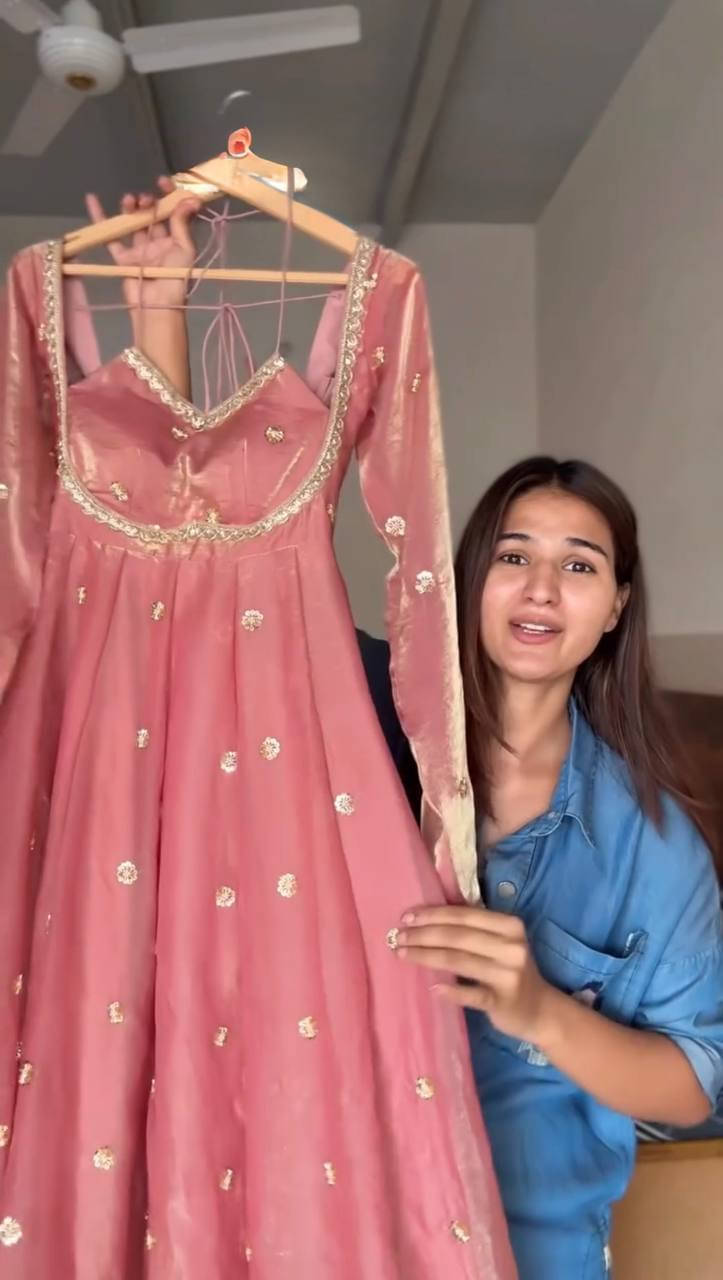     			Topshop Fashion Women Silk Embroidered Anarkali Kurti With Pants ( Pink )