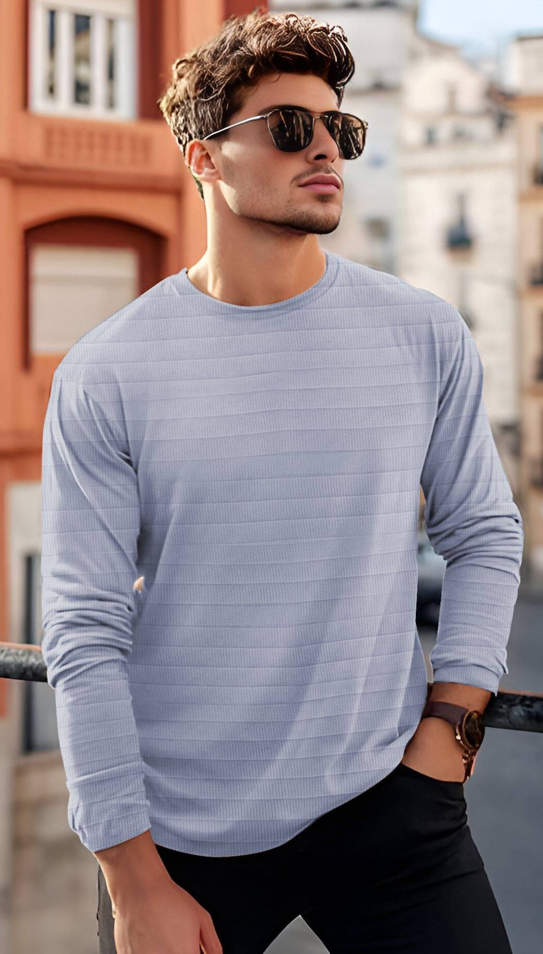     			VCANEE Men Cotton Blend Regular Fit Striped T-Shirt ( Grey )