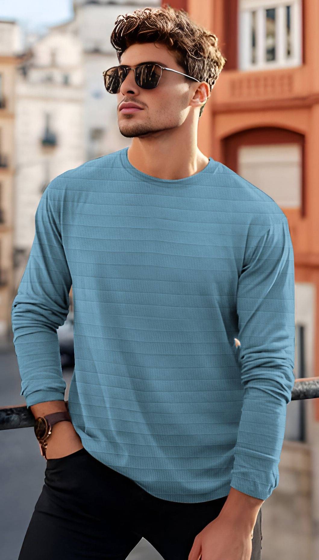     			VCANEE Men Cotton Blend Regular Fit Striped T-Shirt ( Blue )