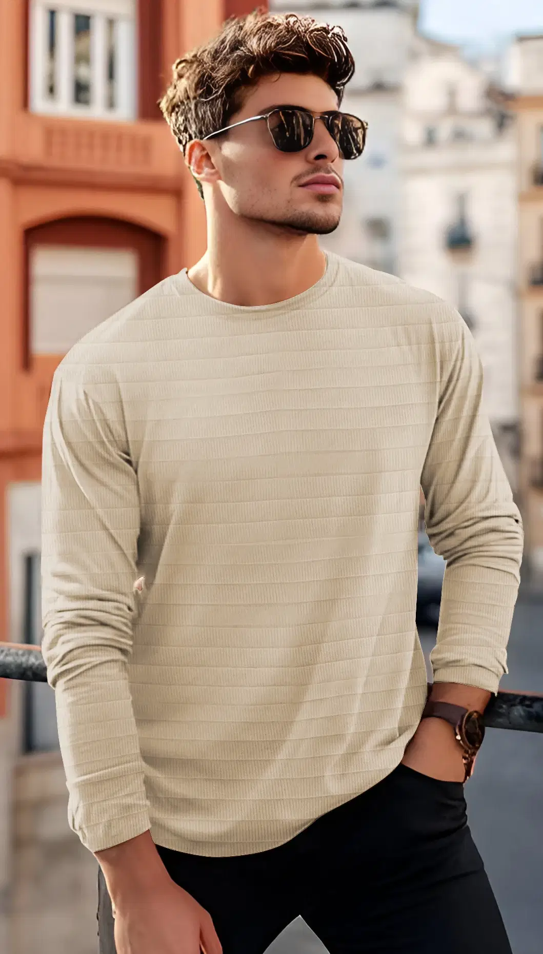 VCANEE Men Cotton Blend Regular Fit Striped T-Shirt ( Beige ) VCANEE Men Cotton Blend Regular Fit Striped T-Shirt ( Beige )