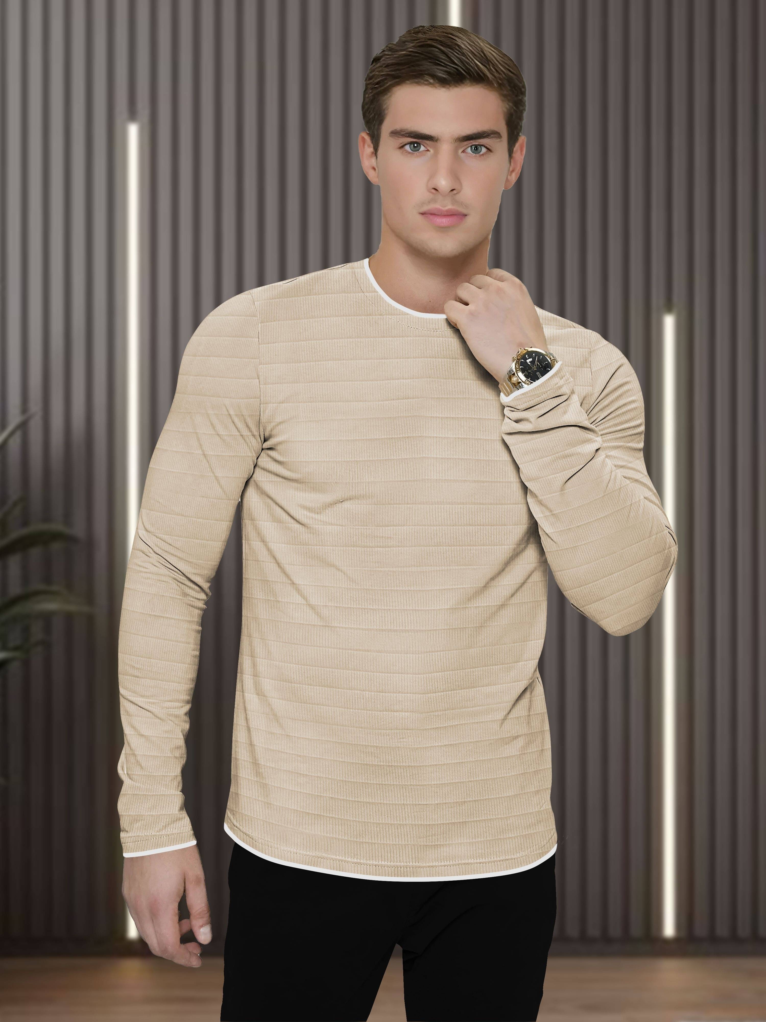 VCANEE Men Polyester Regular Fit Striped T-Shirt ( Beige ) VCANEE Men Polyester Regular Fit Striped T-Shirt ( Beige )