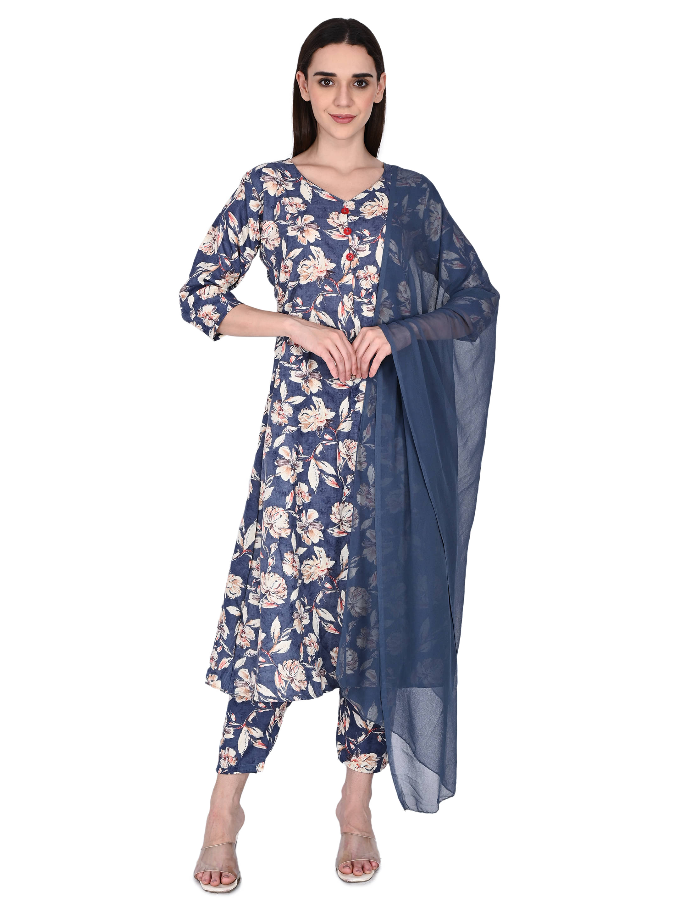 Wonder Weaves Women Cotton Blend Printed A-line Kurti With Pants ( Blue ) Wonder Weaves Women Cotton Blend Printed A-line Kurti With Pants ( Blue )