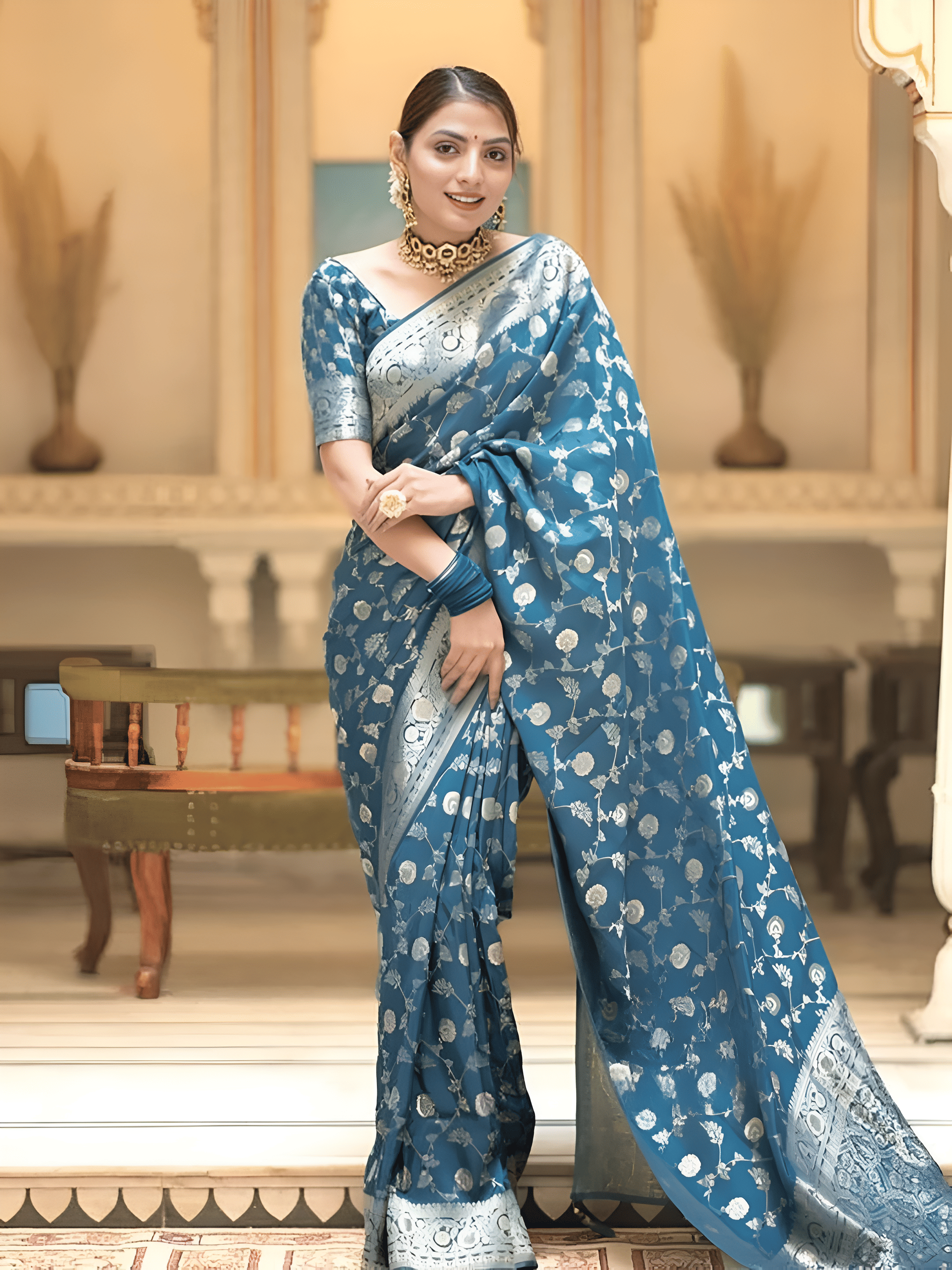 Yashika Silk Blend Embellished Banarasi saree With Unstitched Blouse Piece ( Teal ) Yashika Silk Blend Embellished Banarasi saree With Unstitched Blouse Piece ( Teal )