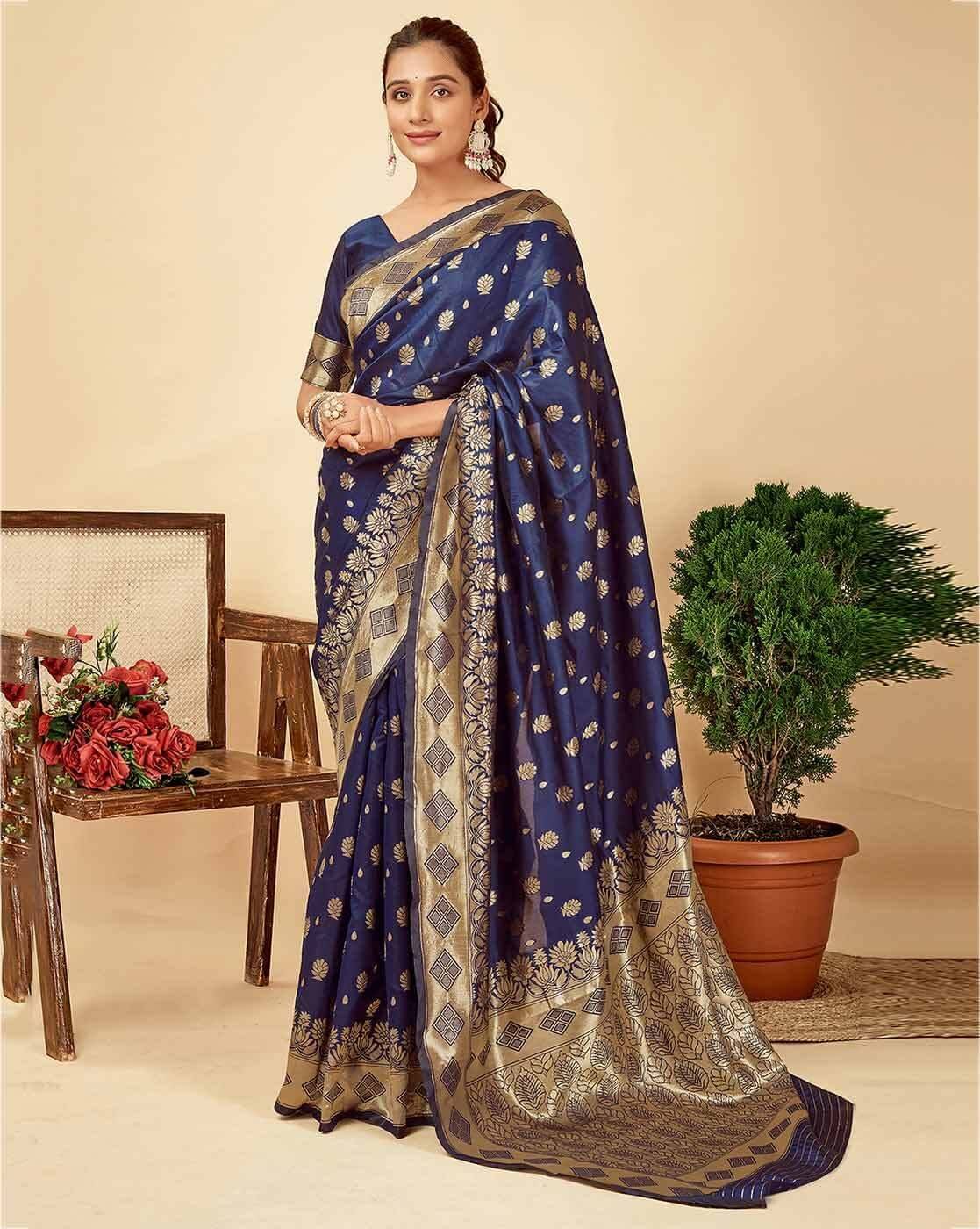     			Yashika Silk Blend Embellished Banarasi saree With Unstitched Blouse Piece ( Navy Blue )