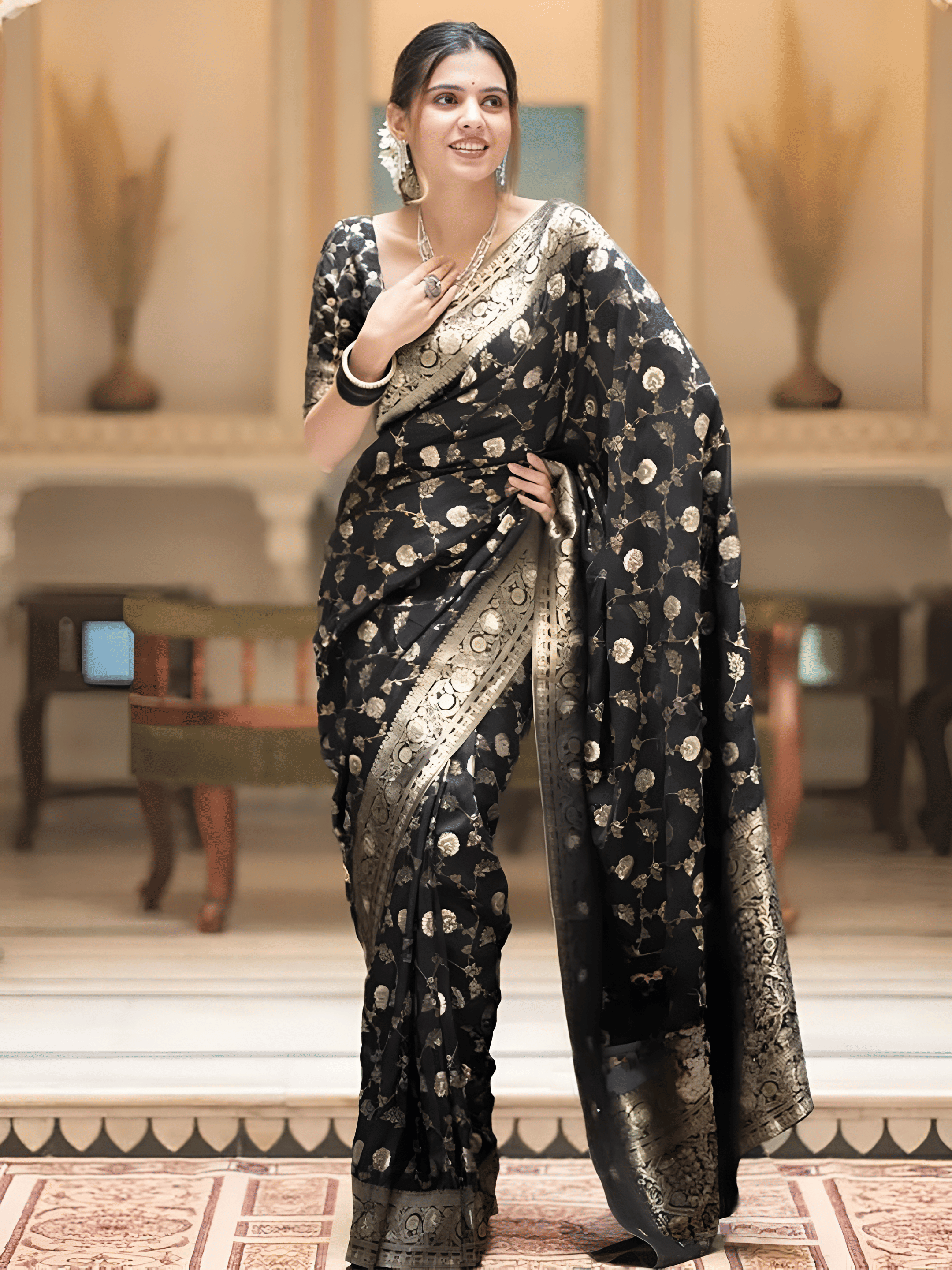     			Yashika Silk Blend Embellished Banarasi saree With Unstitched Blouse Piece ( Black )