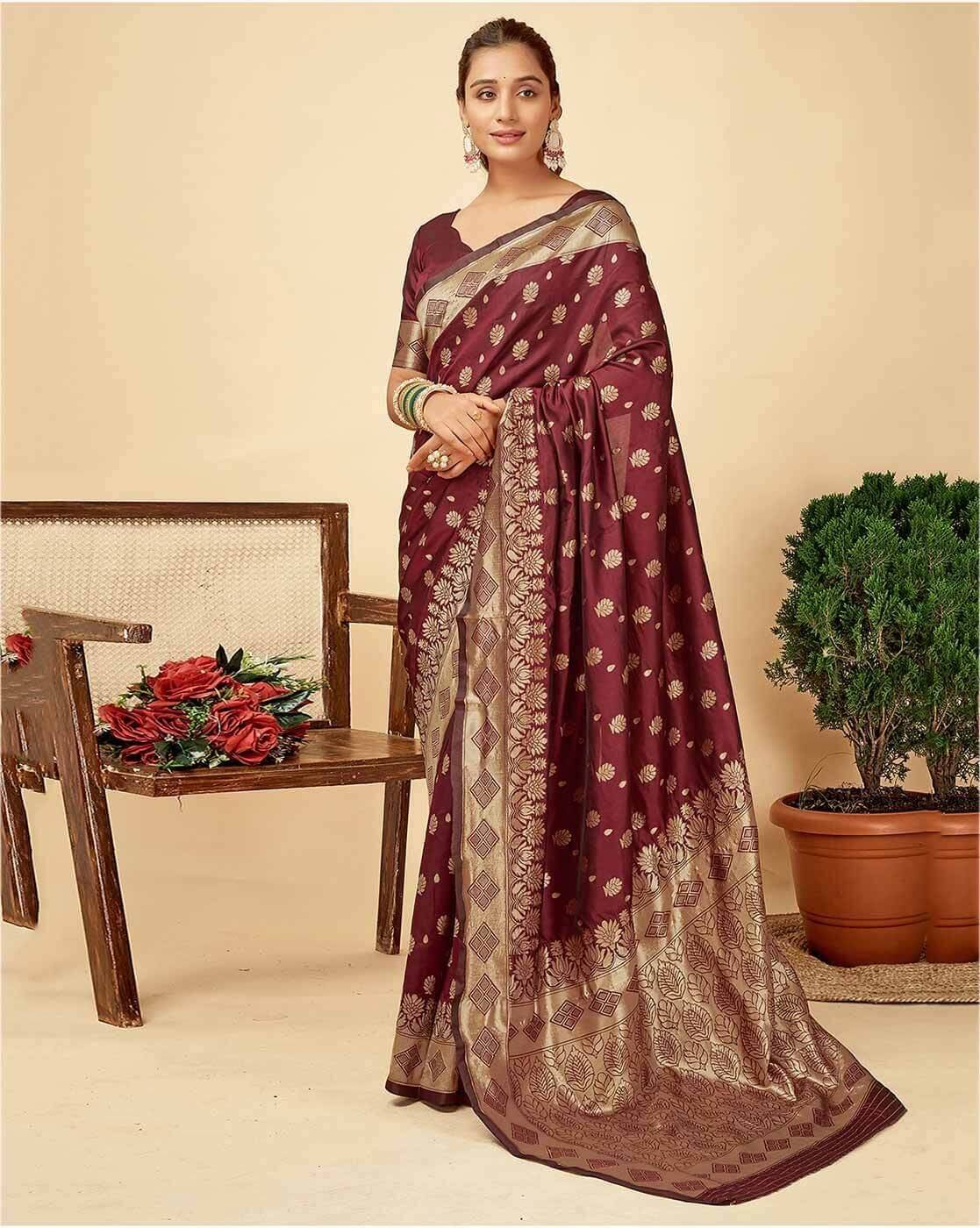 Yashika Silk Blend Embellished Banarasi saree With Unstitched Blouse Piece ( Maroon ) Yashika Silk Blend Embellished Banarasi saree With Unstitched Blouse Piece ( Maroon )