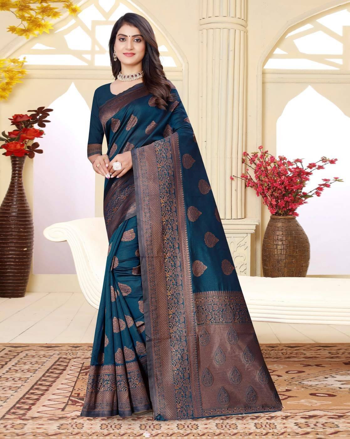 Yashika Silk Blend Embroidered Banarasi saree With Unstitched Blouse Piece ( Blue ) Yashika Silk Blend Embroidered Banarasi saree With Unstitched Blouse Piece ( Blue )