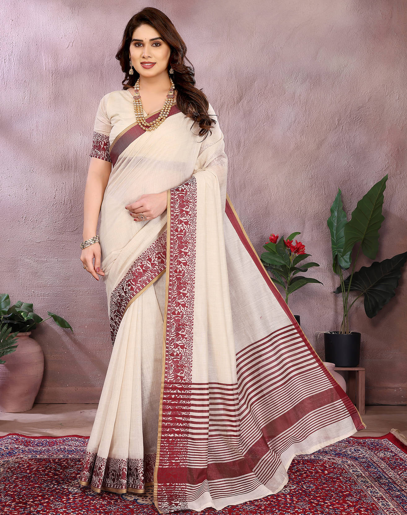     			Yashika Silk Blend Striped Banarasi saree With Unstitched Blouse Piece ( Red )