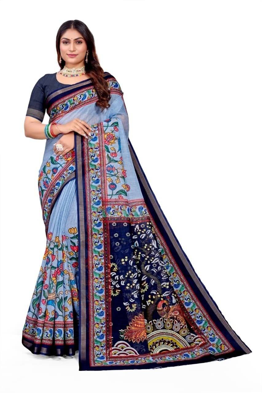     			kiyan enterprise Linen Printed Regular Saree With Unstitched Blouse Piece ( Light Blue )