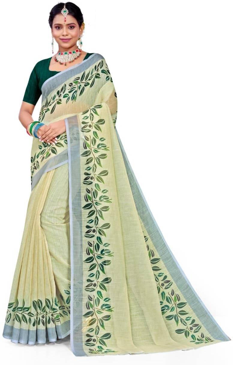     			kiyan enterprise Linen Printed Regular Saree With Unstitched Blouse Piece ( Cream )