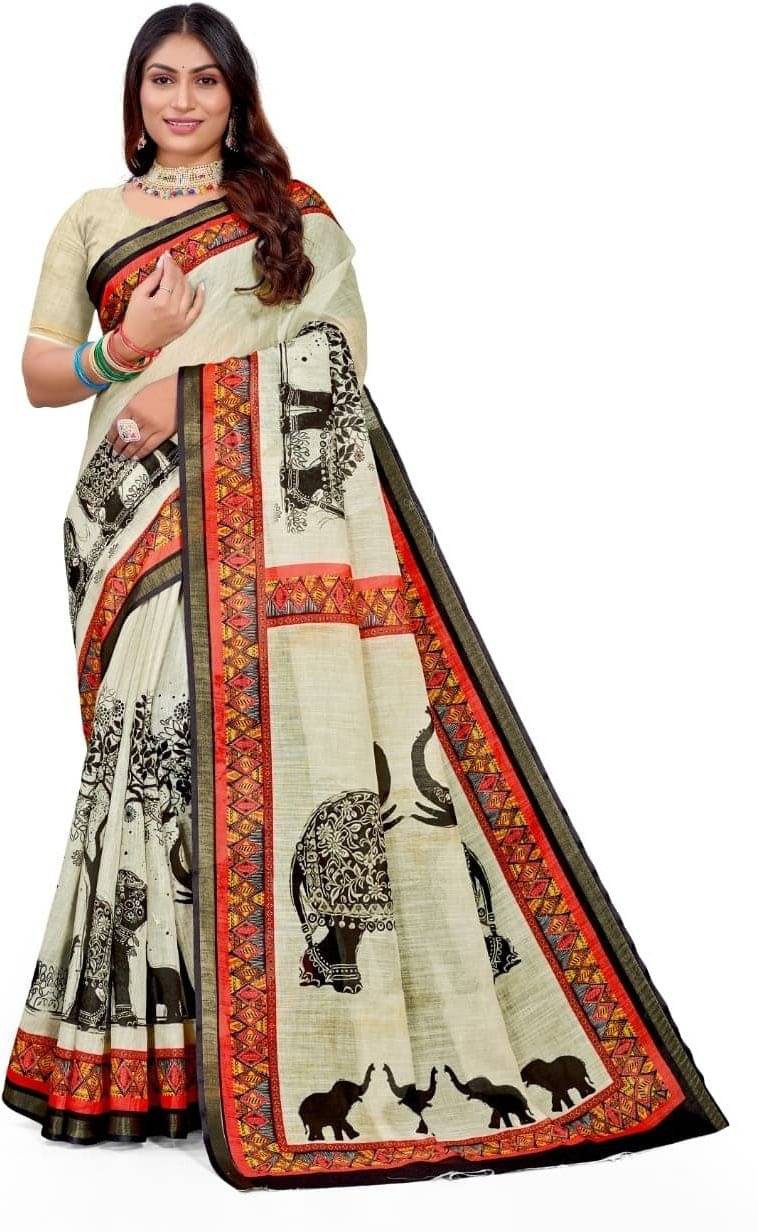     			kiyan enterprise Linen Printed Regular Saree With Unstitched Blouse Piece ( Cream )
